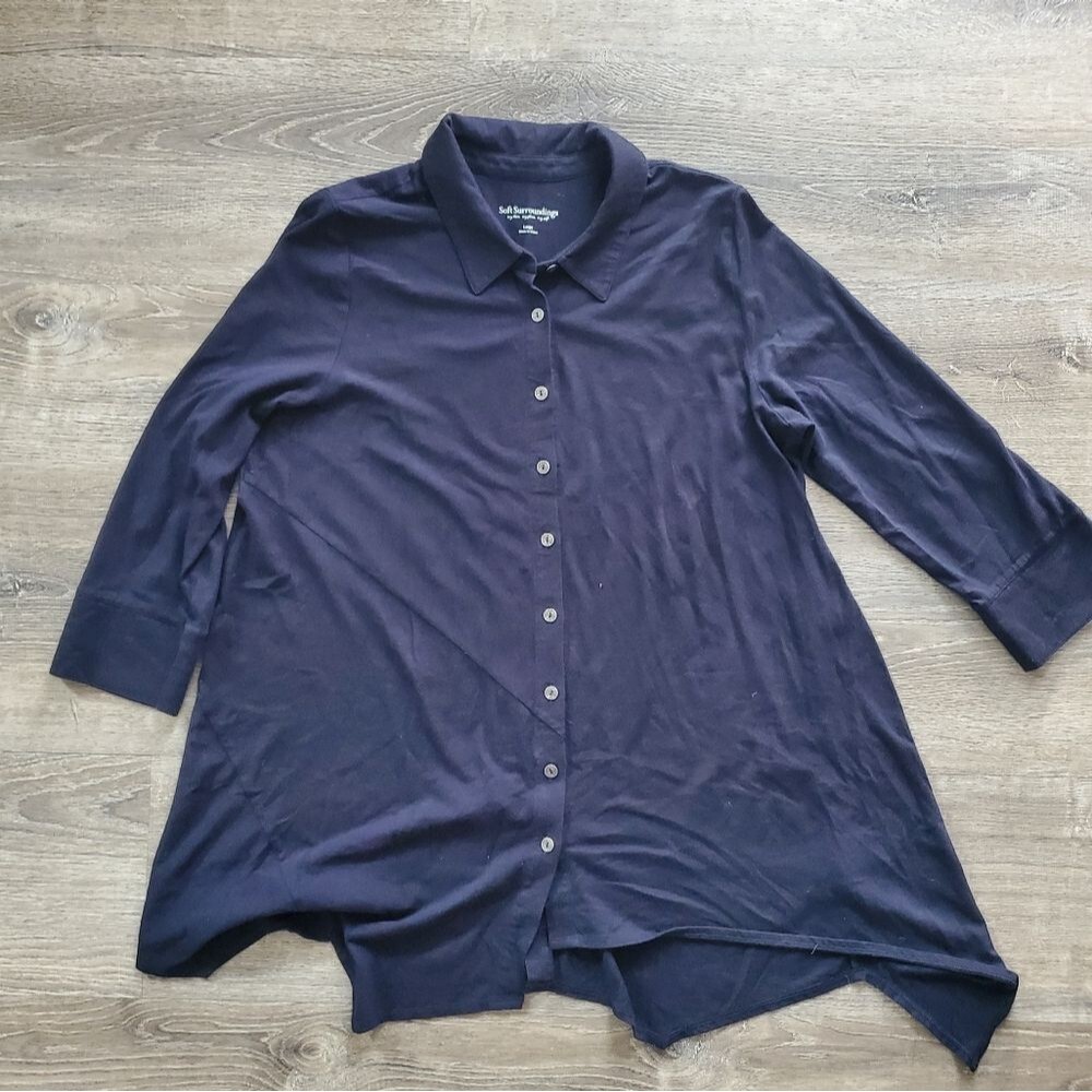 Soft Surroundings Womens L Navy Blue Knit Peplum Casual Cottagecore Blouse Tunic